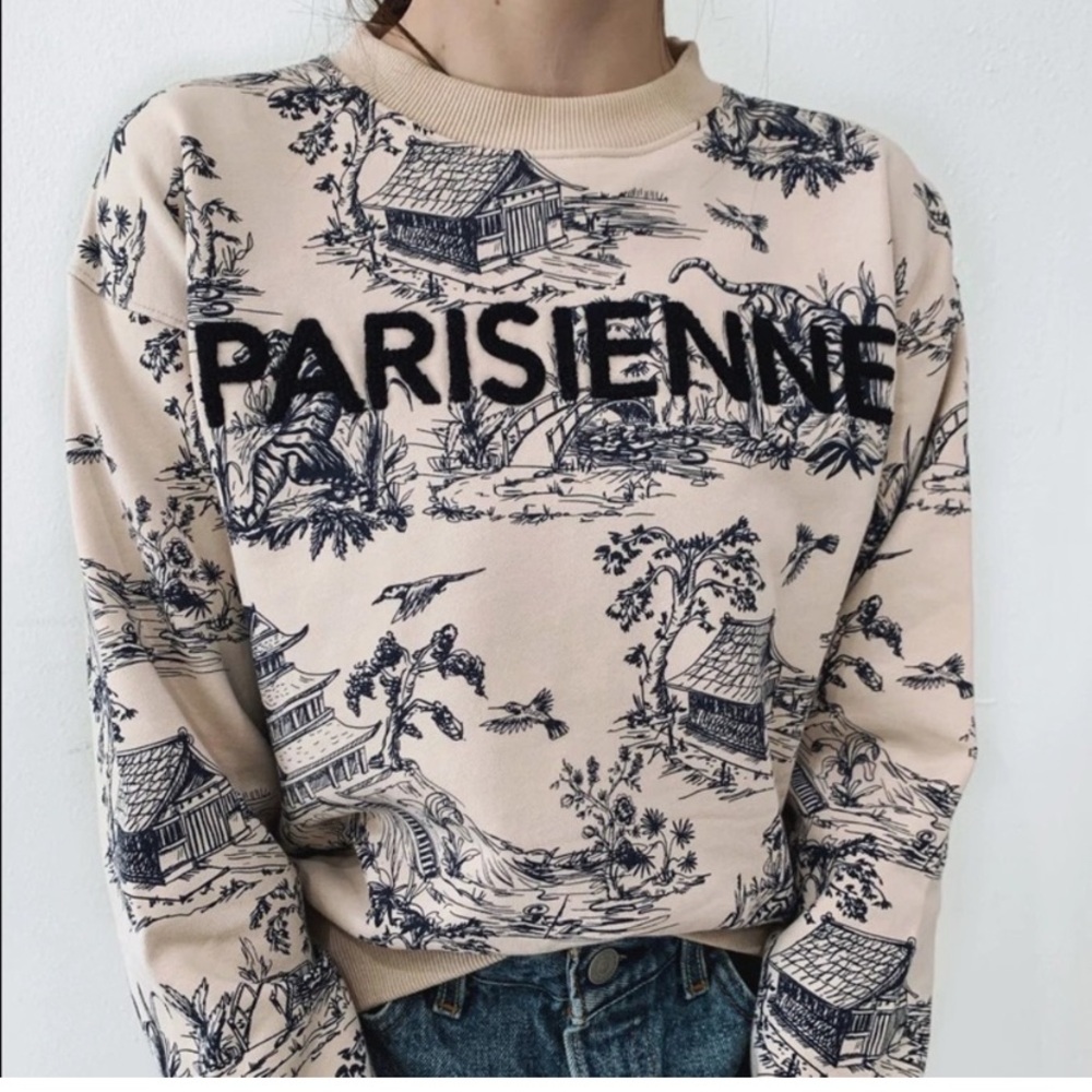 NWT EllandEmm Parisienne Toile Print Sweatshirt XL/2XL |Beige & Blue | Oversized